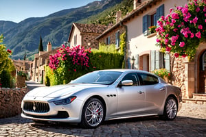 car photography, maserati ghibli sports car in village near mountain by mark hanks painting, car, ground vehicle, motor vehicle, flower, outdoors, no humans, scenery, day, vehicle focus, road, 8k, 4k, detailed, attractive, beautiful, impressive, photorealistic, realistic, cinematic composition, volumetric lighting, high-resolution, vivid, detailed, stunning, professional, lifelike, crisp, flawless, DSLR, 4k, 8k, 16k, 1024, 2048, 4096, detailed, sharp, best quality, high quality, highres, absurdres, maximum detail, hard rim lighting photography, hyper realism, high detail, 8k, HDR, UHD