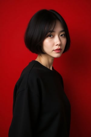 photo of beautiful girl, a woman with perfect short hair, bob haircut, wearing (black sweatshirt:1.1), ((Dual Kawaii:1.1)), (plain red background:1.1), (happy:1.2), modelshoot style, (extremely detailed CG unity 8k wallpaper), professional majestic (photography by tim walker:1.1), (Canon EOS M6 Mark II Mirrorless Camera), 24mm, exposure blend, hdr, faded, extremely intricate, High (Detail:1.1), Sharp focus, dramatic, soft cinematic light, (upper body), (looking at viewer), (detailed pupils), 24mm, 4k textures, soft cinematic light, adobe lightroom, photolab, elegant, ((((cinematic look)))), soothing tones, insane details, hyperdetailed, low contrast,asian