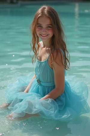 girl, dress made of water, sitting on the water,