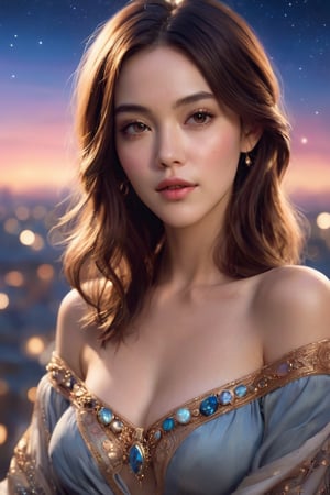 masterpiece portrait charming and miracle female luxury astromancer boho accessories in dreamlike movie, miracle, high detailed face, art by artgerm, greg rutkowski, sasoura, satchely, uhd, medium long shot, fantasy, big major starry sky and city in background, twlight, no distorsion, sharp focus