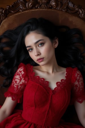 generates a novel-style cover about a 18 y.o. black-haired, blue-eyed girl from the Victorian era, lying on a Victorian-era piece of furniture, with a red lace dress