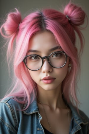 generates a real front view photo of a teenage Korean girl with crazy buns and pink locks and metalhead style glasses