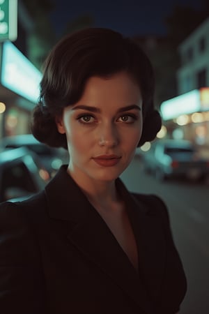 8k, best quality, masterpiece, ultra high resolution, (realism: 1.4), original photo, (Realistic skin texture: 1.3), (film grain: 1.3), (Selfie angle), woman, night sky and neon glow behind her, dark brunette hair tied in a french twist, fashionable clothes, 1940s style conservative dress, very pale skin