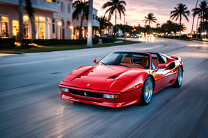 car photography, Ferrari 328 GTS high speed driving on the street of Miami beach.The sky is dusk, and the road is dry and shiny., 8k, 4k, detailed, attractive, beautiful, impressive, photorealistic, realistic, cinematic composition, volumetric lighting, high-resolution, vivid, detailed, stunning, professional, lifelike, crisp, flawless, DSLR, 4k, 8k, 16k, 1024, 2048, 4096, detailed, sharp, best quality, high quality, highres, absurdres, maximum detail, hard rim lighting photography, hyper realism, high detail, 8k, HDR, UHD