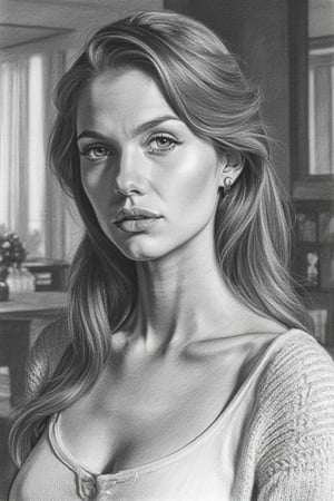 woman, long hair, lovely eyes, puffy lips, sweater, indoors, shadows, portrait, pencil drawing