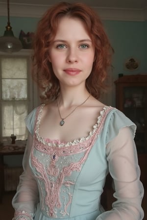 victorian woman who is a mash up of Molly Quinn, Scarlett Johanson and Alison Brie. Light Pink and Light blue dress. Green Eyes, Wide innocent smile, lace, jewels, large eyes, filligree.,\realface\