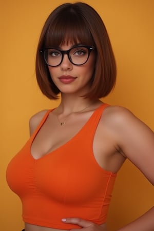 velma from scooby-doo, bobcut, very sultry look, so hot girl, beautiful charismatic girl, so hot shot, athletic body, a woman wearing eye glasses and an orange top, life-size figures,Louisa