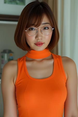 velma from scooby-doo, bobcut, very sultry look, so hot girl, beautiful charismatic girl, so hot shot, athletic body, a woman wearing eye glasses and an orange top, idol, life-size figures,Akemi Kihara,japanese woman