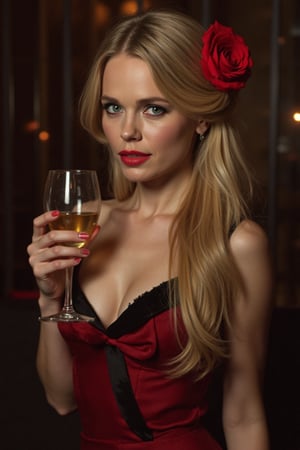 woman, half body, with blonde hair and red rose in her hair. wearing red and black dress, holding a glass in her hands. sensual woman, penetrating look, extroverted. richness of details. 8k,Katia Winter