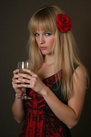 woman, half body, with blonde hair and red rose in her hair. wearing red and black dress, holding a glass in her hands. sensual woman, penetrating look, extroverted. richness of details. 8k,venetia