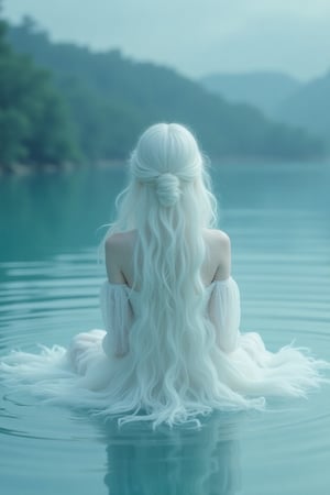 woman, dress made of water, sitting on the water,albino,white hair