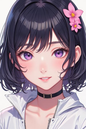 details face, alena aenami, hyperrealism, yanjun cheng, trending on artstation, digital painting, by kyoto animation studio, realism, hyperrealism, abstractionism, colorfull, watercolor, flat colors, 1girl, solo, detailed face, blush, detailed eyes, beautiful eyes, pink flower hairpin, violet eyes, white jacket with a zipper, choker on the neck, smile, light smile,anime