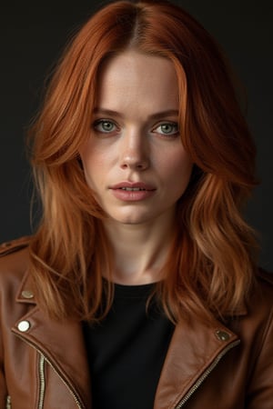 a photo of beautiful Katia Winter, long red hair, wearing zipped down brown worn old leather jacket, (8k), (raw), (ultra highres), (best quality), (masterpiece), artstation, sharp focus, Intricate, High Detail, dramatic, photorealistic,