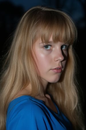 RAW photo, (high detailed skin:1.2), 8k UHD, DSLR, soft lighting, high quality, film grain, Fujifilm XT3, RAW candid cinema, 16mm, color graded portra 400 film, remarkable color, ultra realistic, darkness, shadow, night, remarkable detailed pupils, shot with cinematic camera, girl, blonde, blue dress,venetia