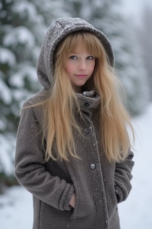 (realistic:1.7), (Cinematic quality:1.5), 1girl, cute, very sweet, cold girl on the snow, well covered with warm clothes, smile, hooded coat, long hair , masterpiece, best quality, (very aesthetic:1.2), (absurdres:1.2), (detailed background), woman, blonde, long hair, olive eyes, slim waist,pale skin,venetia