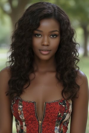 african woman, dress, very dark skin, long curly hair, outdoors, park background