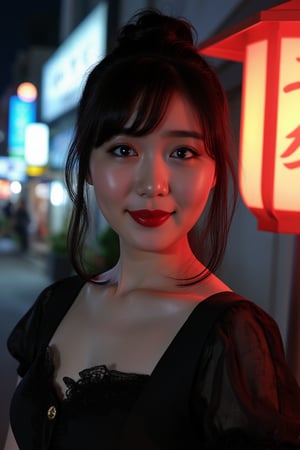 8k, best quality, masterpiece, ultra high resolution, (realism: 1.4), original photo, (Realistic skin texture: 1.3), (film grain: 1.3), (Selfie angle), woman, night sky and neon glow behind her, black hair tied in a french twist, fashionable clothes, 1940s style conservative dress, very pale skin,Akemi Kihara,japanese woman