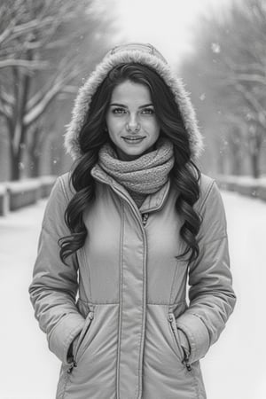 (realistic:1.7), (Cinematic quality:1.5), 1girl, cute, very sweet, cold girl on the snow, well covered with warm clothes, smile, hooded coat, long hair , masterpiece, best quality, (very aesthetic:1.2), (absurdres:1.2), (detailed background), woman, black hair, curly hair, long hair, olive eyes, slim waist, light skin, pencil drawing