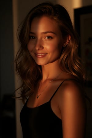 Raw photo, face portrait photo of a beautiful 26-year-old girl, cute face, in a black dress, happy face, hard shadows, cinematic frame, dramatic lighting