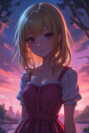 vibrant color, cinematic lights, anime, girl, blonde, dress, shy, park background