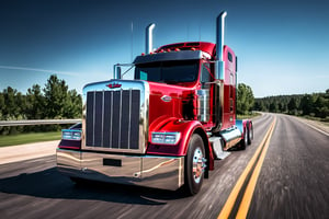 car photography, peterbilt 379, red color, road, 8k, 4k, detailed, attractive, beautiful, impressive, photorealistic, realistic, cinematic composition, volumetric lighting, high-resolution, vivid, detailed, stunning, professional, lifelike, crisp, flawless, DSLR, 4k, 8k, 16k, 1024, 2048, 4096, detailed, sharp, best quality, high quality, highres, absurdres, maximum detail, hard rim lighting photography, hyper realism, high detail, 8k, HDR, UHD