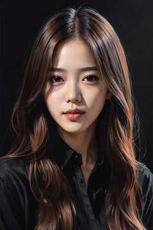 Portrait of a woman with long hair and a black shirt, digital portrait illustration, bowater style, Portrait of Jossy from Blackpink, digital portrait, digital art portrait, Realism, high quality portrait, 🤤 portrait of a girl, realistic style, # 1 digital painting of all times, #1 digital painting of all times, glossy digital painting