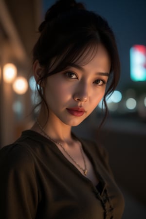 8k, best quality, masterpiece, ultra high resolution, (realism: 1.4), original photo, (Realistic skin texture: 1.3), (film grain: 1.3), (Selfie angle), woman, night sky and neon glow behind her, black hair tied in a french twist, fashionable clothes, 1940s style conservative dress, very pale skin,asian