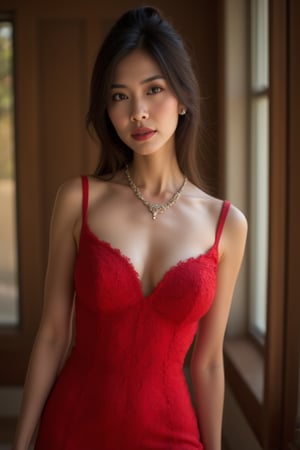 A mature Asian woman in a stunning red dress, adorned with a delicate necklace, stands elegantly in a well-lit room. The composition highlights her graceful pose, with the red dress contrasting against a neutral background. Soft, warm lighting accentuates her features, capturing her gorgeous appearance. The framing is close-up, focusing on her expressive face and the intricate details of her attire.