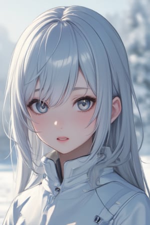 girl(Kronshtadt_\(Azur_Lane\, gray eyes, silver hair, long hair, white uniform), winter, frost, uhd, shadering VRay, RTX, realistic drawing, realistic eyes, 8k, realistic light, opengl-shaders, post-processing, anime