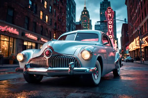 car photography, Studebaker Commander Starlight Coupe 1951 driving in a dystopian cyberpunk city. low angle cinematic shot, 8k, 4k, detailed, attractive, beautiful, impressive, photorealistic, realistic, cinematic composition, volumetric lighting, high-resolution, vivid, detailed, stunning, professional, lifelike, crisp, flawless, DSLR, 4k, 8k, 16k, 1024, 2048, 4096, detailed, sharp, best quality, high quality, highres, absurdres, maximum detail, hard rim lighting photography, hyper realism, high detail, 8k, HDR, UHD,