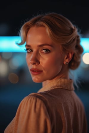 8k, best quality, masterpiece, ultra high resolution, (realism: 1.4), original photo, (Realistic skin texture: 1.3), (film grain: 1.3), (Selfie angle), woman, night sky and neon glow behind her, blonde hair tied in a french twist, fashionable clothes, 1940s style conservative dress, very pale skin,Katia Winter