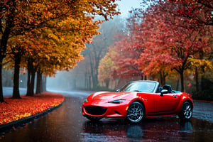 car photography, mazda miata (good composition), red color, rain, fall_(season), autumn, centered, 8k, 4k, detailed, attractive, beautiful, impressive, photorealistic, realistic, cinematic composition, volumetric lighting, high-resolution, vivid, detailed, stunning, professional, lifelike, crisp, flawless, DSLR, 4k, 8k, 16k, 1024, 2048, 4096, detailed, sharp, best quality, high quality, highres, absurdres, maximum detail, hard rim lighting photography, hyper realism, high detail, 8k, HDR, UHD,