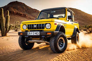 car photography, suzuki samurai, yellow color, desert, dust, 8k, 4k, detailed, attractive, beautiful, impressive, photorealistic, realistic, cinematic composition, volumetric lighting, high-resolution, vivid, detailed, stunning, professional, lifelike, crisp, flawless, DSLR, 4k, 8k, 16k, 1024, 2048, 4096, detailed, sharp, best quality, high quality, highres, absurdres, maximum detail, hard rim lighting photography, hyper realism, high detail, 8k, HDR, UHD