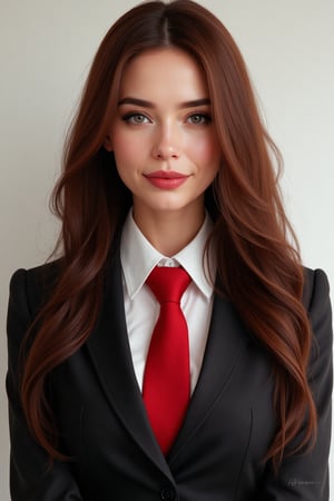 woman, mature, office lady, long hair, red tie, cute freckles, smiling kindly, symmetrical face, pretty, background hyper detailed, character concept, full body, dynamic pose, intricate, elegant, highly detailed, digital painting, artstation, concept art, smooth, sharp focus, illustration, art by artgerm and greg rutkowski and alphonse mucha,