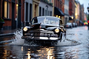 Mercury 1949 black, running down a wet street, almost, water spreading on the street, motion blur, blurred background, high detail, divine proportion, (((Edging))), perfect composition, perfect lighting, 8k, 4k, detailed, attractive, beautiful, impressive, photorealistic, realistic, cinematic composition, volumetric lighting, high-resolution, vivid, detailed, stunning, professional, lifelike, crisp, flawless, DSLR, 4k, 8k, 16k, 1024, 2048, 4096, detailed, sharp, best quality, high quality, highres, absurdres, maximum detail, hard rim lighting photography, hyper realism, high detail, 8k, HDR, UHD