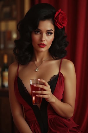 brunette woman, half body, with black hair and red rose in her hair. wearing red and black dress, holding a glass in her hands. sensual woman, penetrating look, extroverted. richness of details. 8k