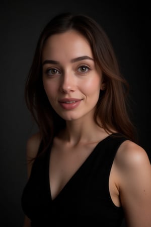 Raw photo, face portrait photo of a beautiful 26-year-old girl, cute face, in a black dress, happy face, hard shadows, cinematic frame, dramatic lighting