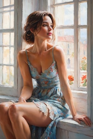 a painting of a woman sitting near a window, in the style of beautiful women, playfully intricate, heavy impasto, i can't believe how beautiful this is, romantic flair, close-up