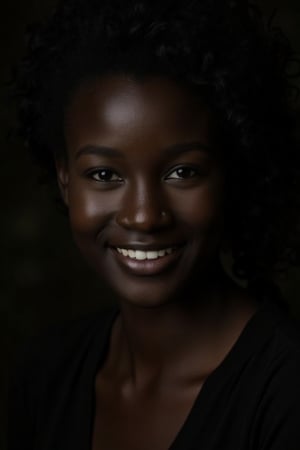 Raw photo, face portrait photo of a beautiful 26-year-old girl, cute face, in a black dress, happy face, hard shadows, cinematic frame, dramatic lighting,very dark skin,ebony,african