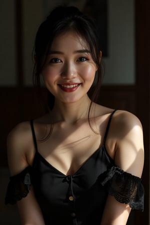 Raw photo, face portrait photo of a beautiful 26-year-old girl, cute face, in a black dress, happy face, hard shadows, cinematic frame, dramatic lighting,Akemi Kihara,japanese woman