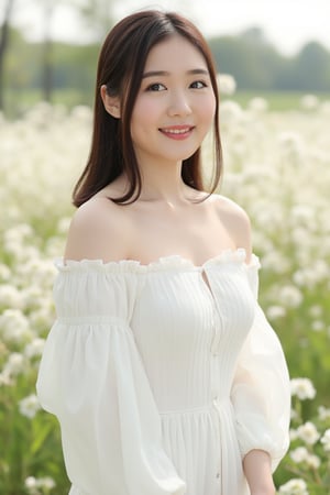 Best quality, masterpiece, ultra high res, (photorealistic:1.4), raw photo, 1girl, white dress, off shoulder, blossom flower field, glowing skin, light smile,Akemi Kihara,japanese woman