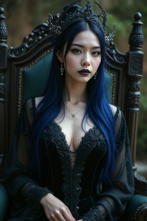 A mysterious and enchanting witch girl, gothic style, with ethereal makeup, emerald green eyes, midnight black lips, sapphire blue hair, dangling crystal earrings, cascading curls hairstyle, ornate Qing dynasty headdress, shimmering silver yarn, a starry night, and flowing velvet clothing, sitting on throne