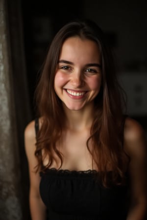 Raw photo, face portrait photo of a beautiful 26-year-old girl, cute face, in a black dress, happy face, hard shadows, cinematic frame, dramatic lighting