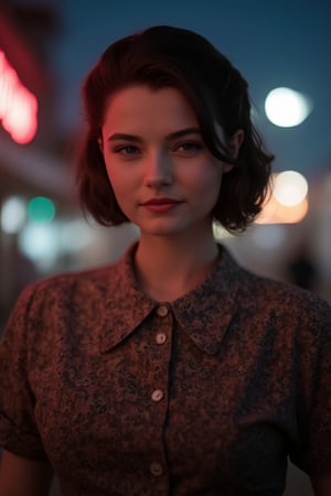 8k, best quality, masterpiece, ultra high resolution, (realism: 1.4), original photo, (Realistic skin texture: 1.3), (film grain: 1.3), (Selfie angle), woman, night sky and neon glow behind her, dark brunette hair tied in a french twist, fashionable clothes, 1940s style conservative dress, very pale skin, \realface\