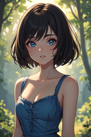 woman, bobcut, blue eyes, dress, sunny, forest, anime