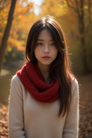 (masterpiece), Highest quality, Super detailed, figure, Warm lighting, Soft lighting, Bright colors, 1 Girl, alone,( beautiful girl, Long Hair, blue eyes, ribbon, Brown Hair, Hair between the eyes, hair ribbon, Side Lock, very Long Hair, Messy Hair,) , autumn, Lots of maple trees, maple leaf, Golden Leaf, autumn leaves, Dry leaves, river, Fresh air, peace, Cool breeze , Sweater Weather,( Wear a white or brown sweater, Red scarf, melancholy autumn, Lost in Thought, Louisa, melancholy, sad ,Worried, longing,)