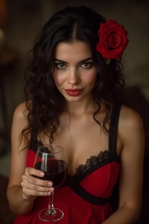 brunette woman, half body, with black hair and red rose in her hair. wearing red and black dress, holding a glass in her hands. sensual woman, penetrating look, extroverted. richness of details. 8k.