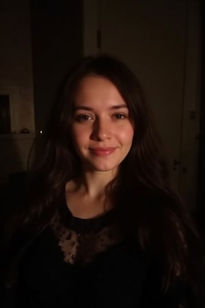 Raw photo, face portrait photo of a beautiful 26-year-old girl, cute face, in a black dress, happy face, hard shadows, cinematic frame, dramatic lighting