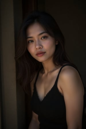 Raw photo, face portrait photo of a beautiful 26-year-old girl, cute face, in a black dress, happy face, hard shadows, cinematic frame, dramatic lighting,asian