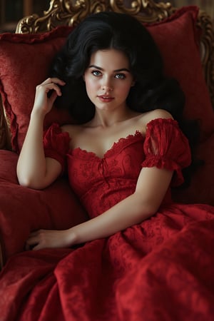 generates a novel-style cover about a 18 y.o. black-haired, blue-eyed girl from the Victorian era, lying on a Victorian-era piece of furniture, with a red lace dress